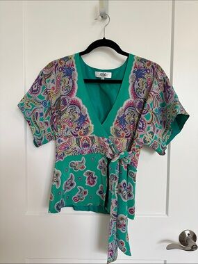 Tibi Silk Teal Paisley Wrap Blouse